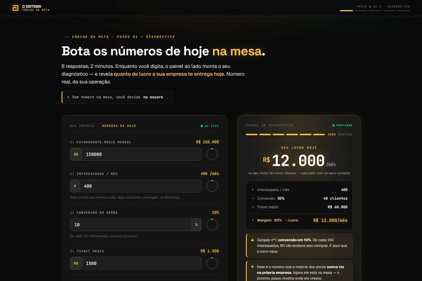 Tela do GMetas - passo 1, diagnóstico