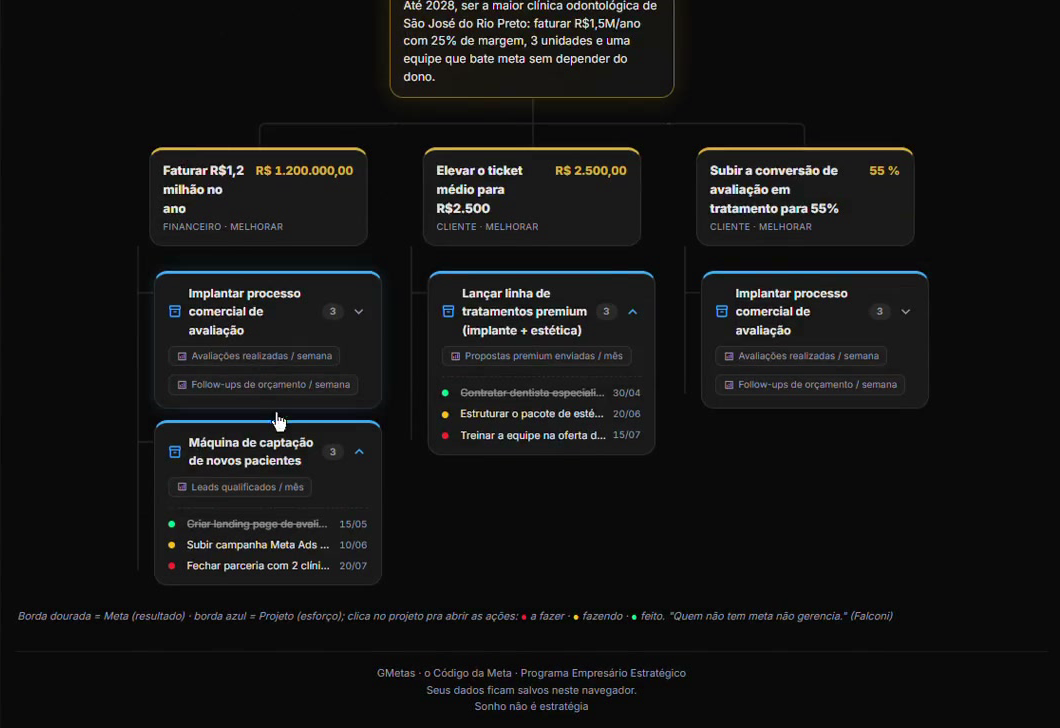 GMetas — Mapa Visual: árvore Visão, Meta, Projeto e Ação conectada